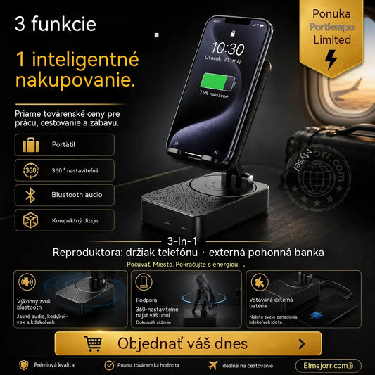 🔥 3 v 1: Bluetooth reproduktor + Nabíječka + 360° držák na mobil 📱🔊⚡