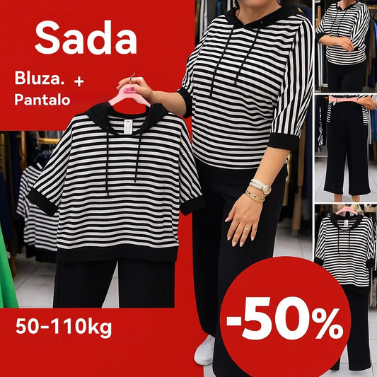 XL-5XL 💥 Výprodej 💥 Dámský pruhovaný top a jednobarevné kalhoty