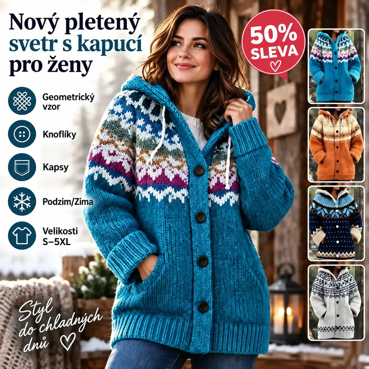 🔥Poslední den – sleva 50 %🔥【S~5XL】✨Nová barevná pletená bunda s kapucí na podzim/zimu