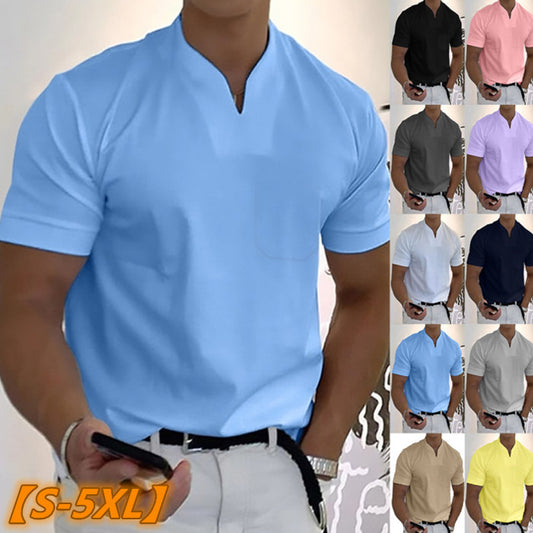 [S-5XL] Nové letní pánské tričko s krátkým rukávem a výstřihem do V pro větší velikosti