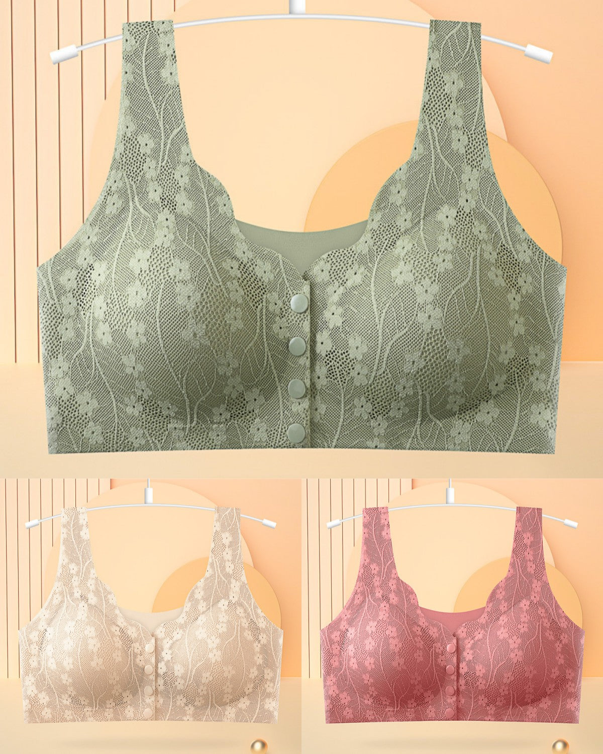 😍【3 kusů】【40-100 kg】Dámská podprsenka bez kostic s krajkovým zapínáním vpředu, poslední den