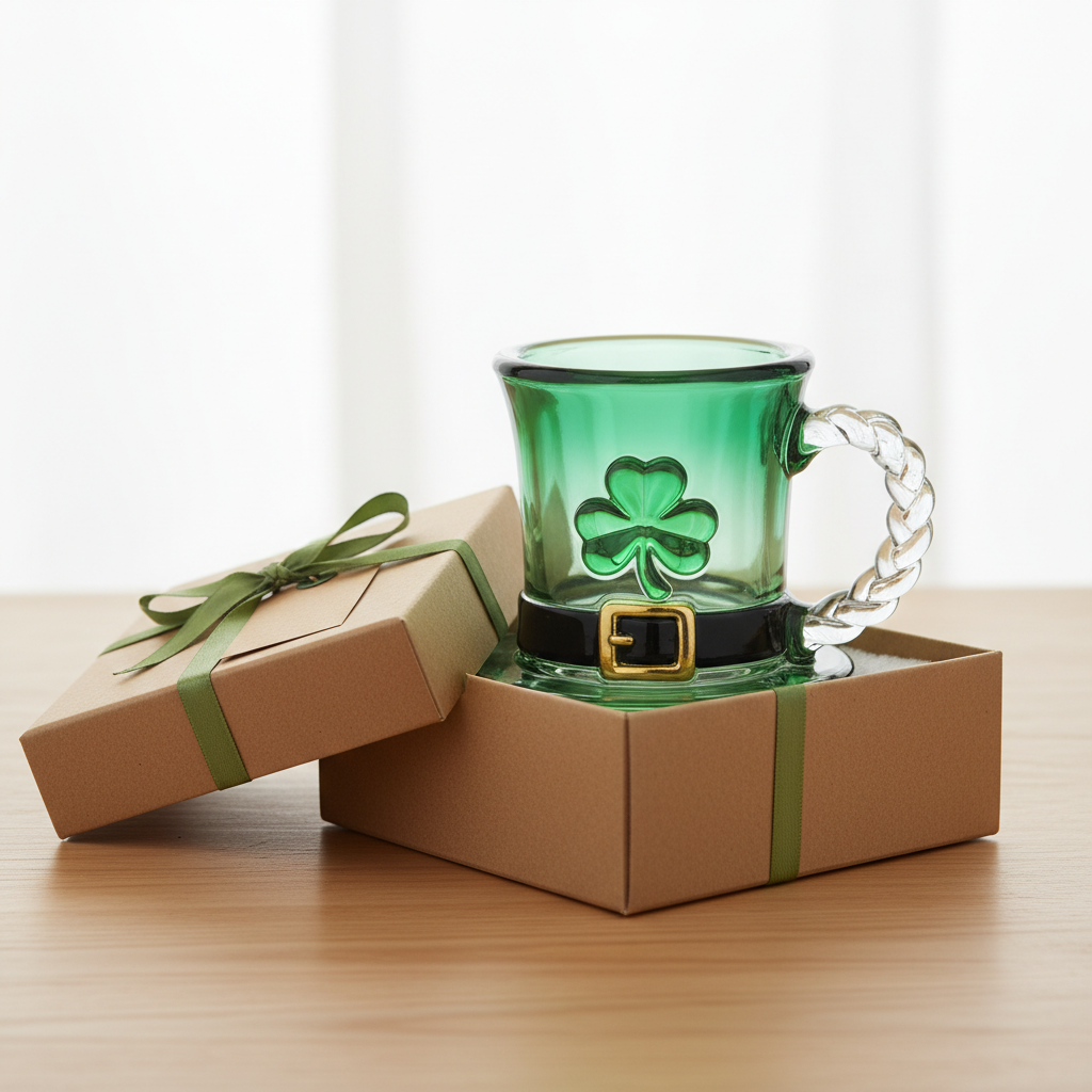 ☕Taza de cristal con gorro de duendecillo y trébol de la suerte - Taza de café verde esmeralda