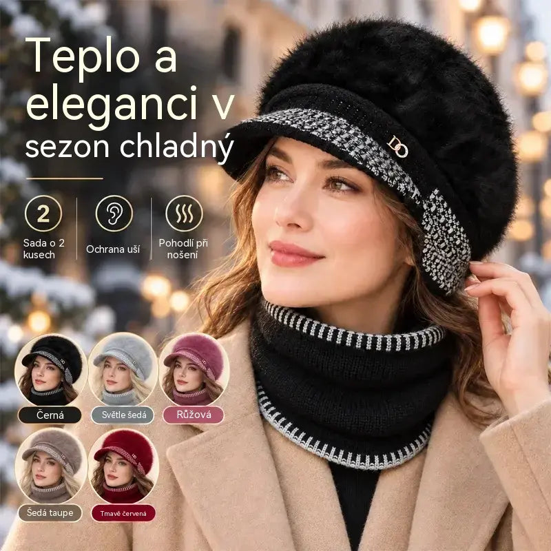 🧢[Klobouk + Nákrčník] Cena: 660 Kč❄️Elegantní dvoudílná zimní sada: kšiltovka se směsí králičí srsti a klapkami na uši + pletená šála!