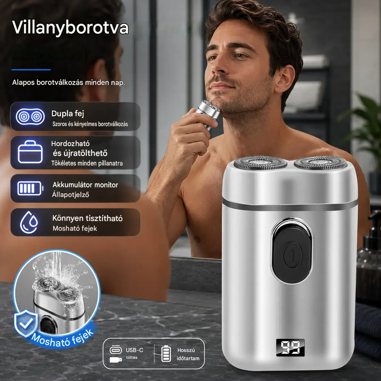 🚚 Ingyenes szállítás 🧡Férfi elektromos borotva, USB töltés • Vízálló • Precíziós borotválkozás