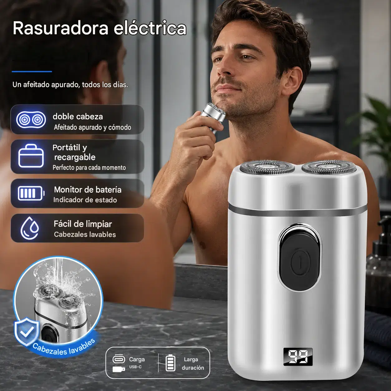 🚚 Envío gratis 🧡 Afeitadora eléctrica para hombre, carga USB • Resistente al agua • Afeitado de precisión