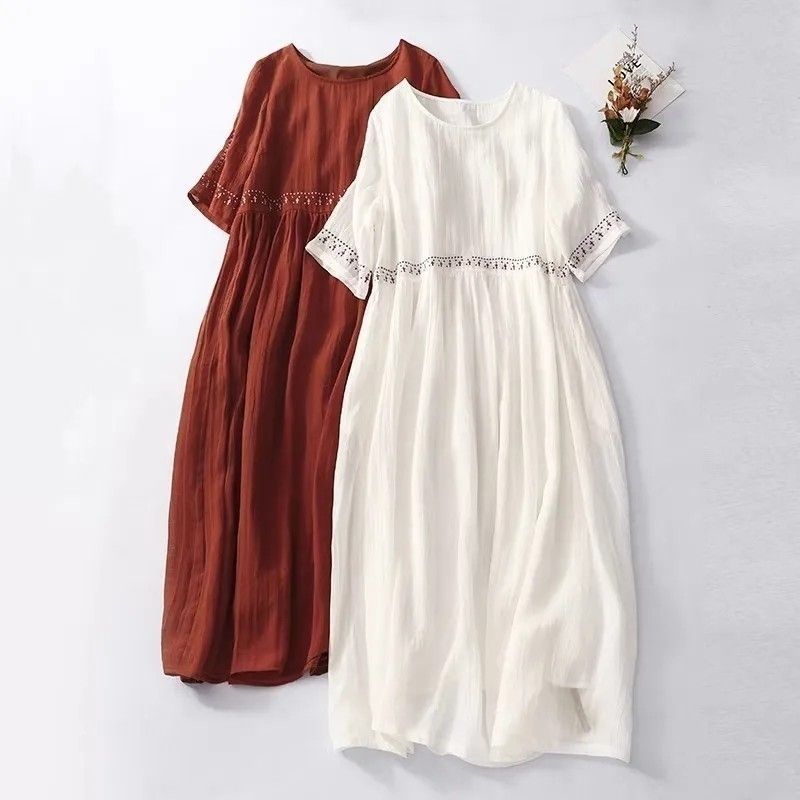 👗 M–4XL, Plus size elegáns nyári ruha, bő szabású, hímzett, rövid ujjú midi ruha