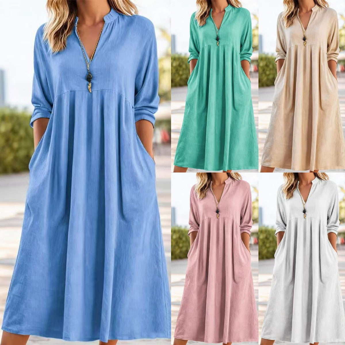 💃【50% de descuento】Nuevo vestido retro de algodón y lino de moda con escote en V