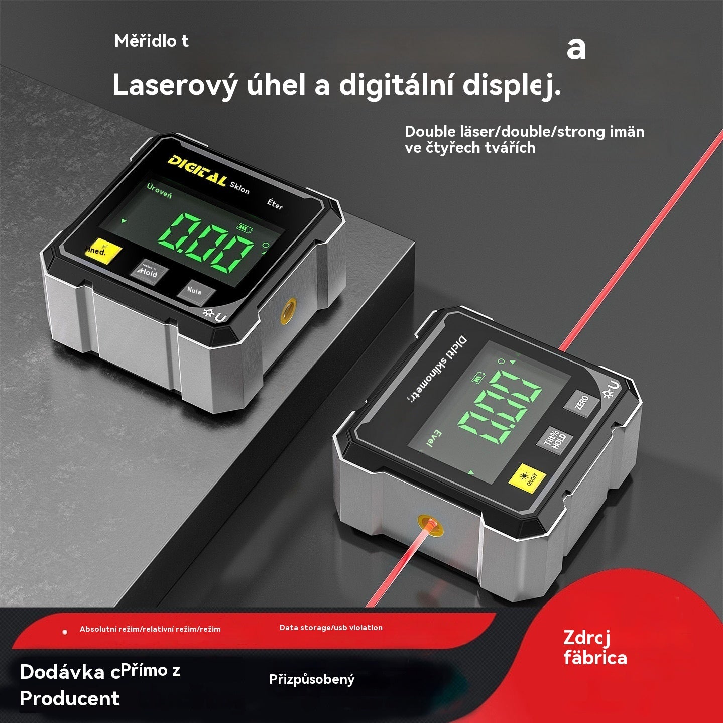 Oboustranná laserová vodováha a čtyřstranná magnetická přísavka