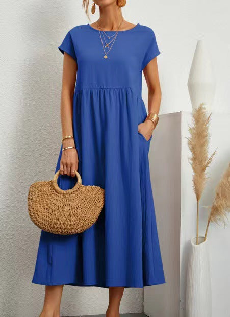 S-4XL 👗 Dámské letní jednobarevné volné bavlněné šaty s krátkým rukávem a kapsami