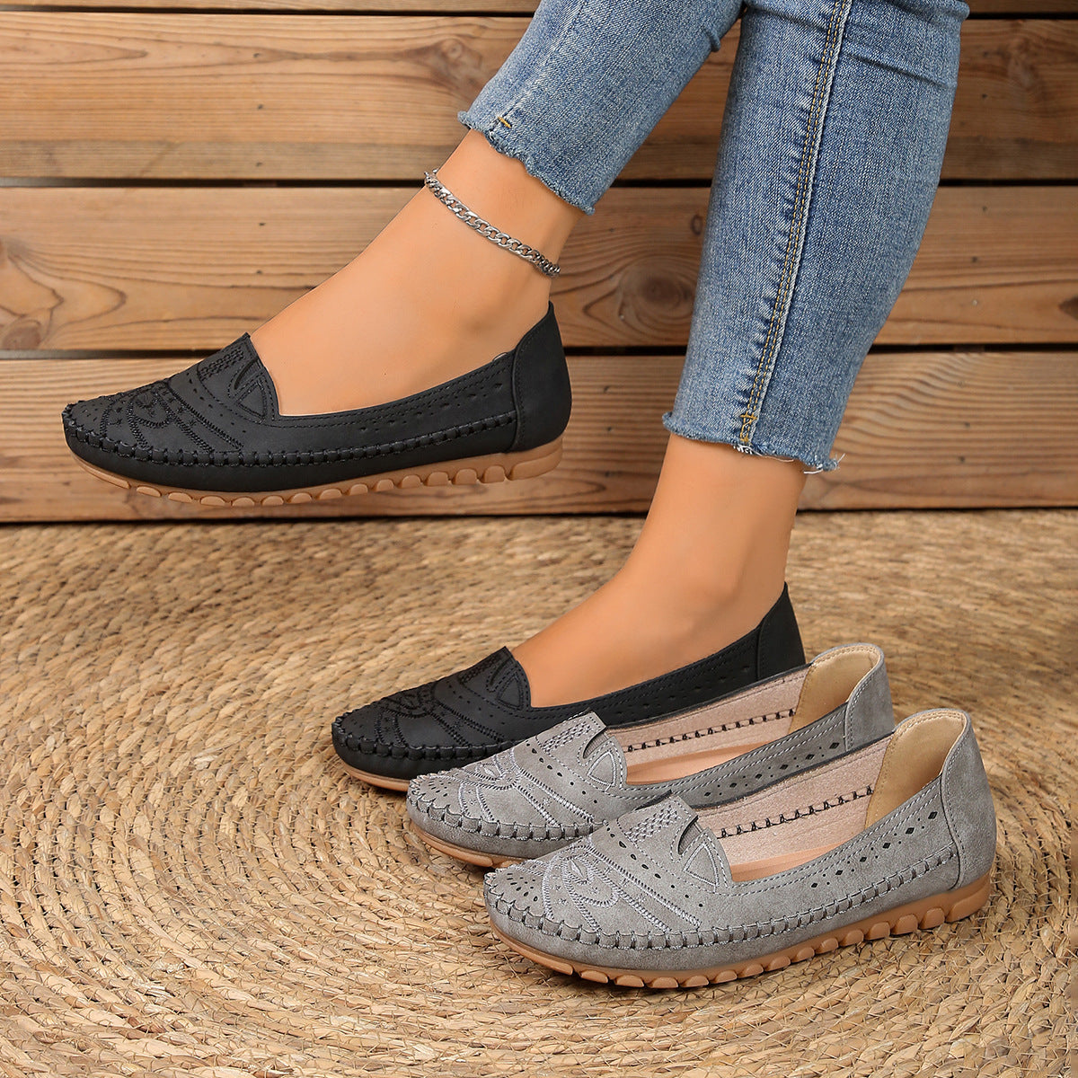 【36-43 méret】Vintage stílusú, áttört, hétköznapi balettcipő | Puha talpú kialakítás, kényelmes mindennapi viselet | Cipőfűző nélküli, nagy méretben is elérhető