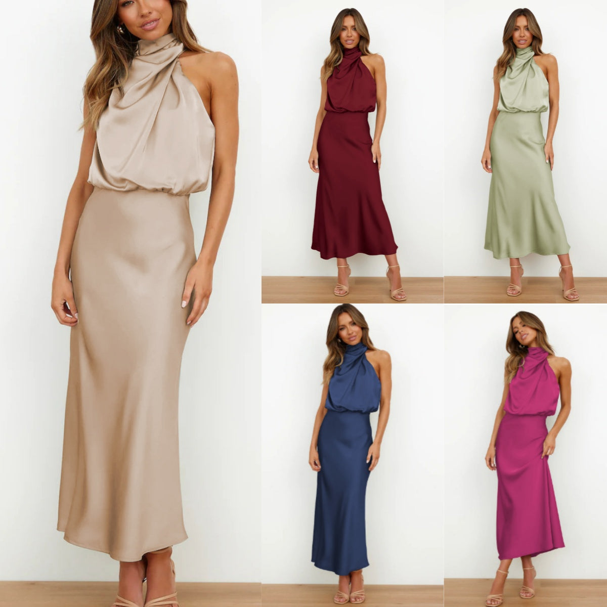 ✅ 【S–5XL Új nyári érkezés】Egyszínű szatén ujjatlan ruha — Stílusos, elegáns estélyi ruha