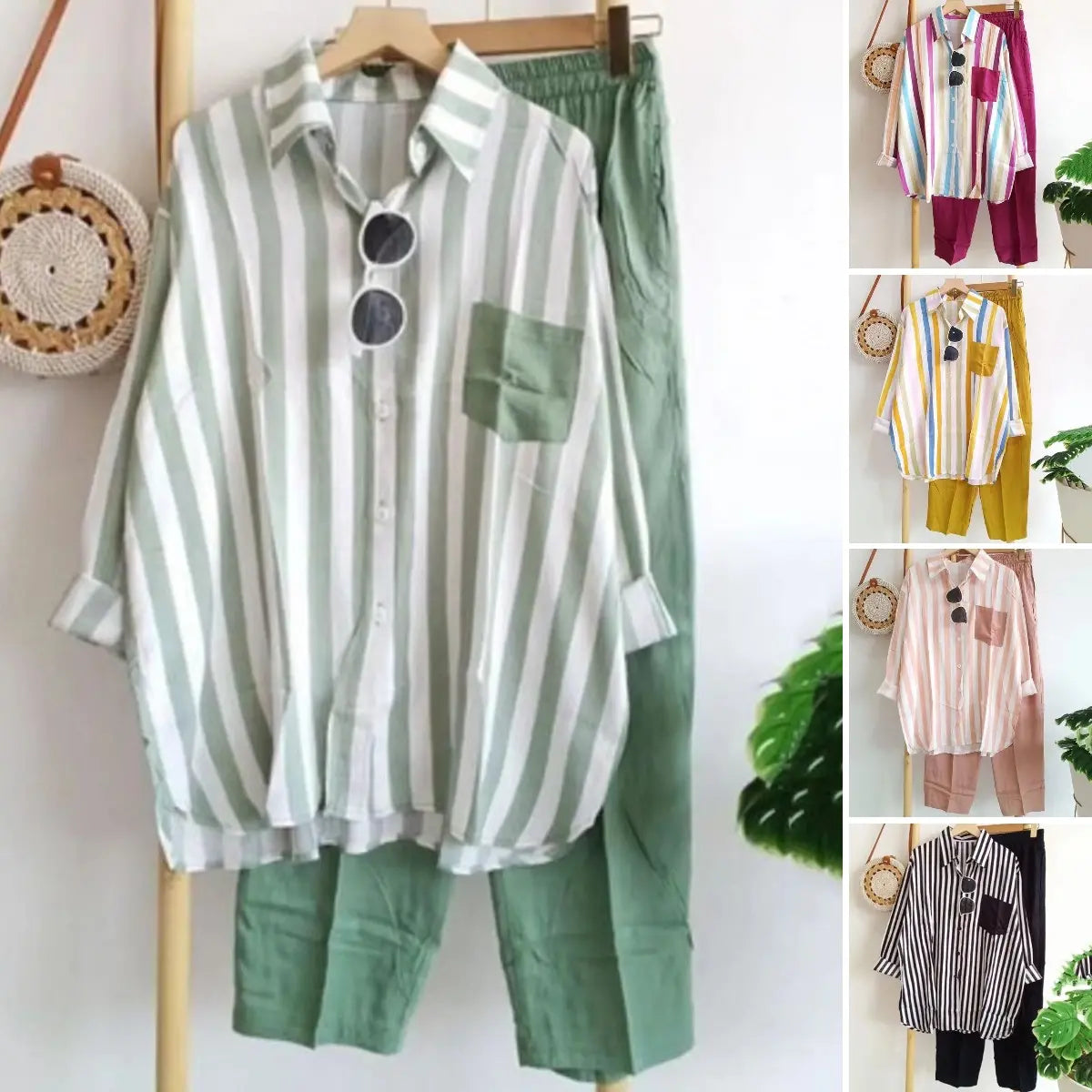 ✨【S-5XL】Nová letní módní ležérní souprava (pruhovaná košile s potiskem + kalhoty)