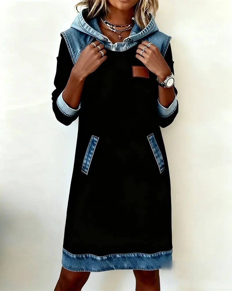 🌷✨👗Őszi-téli újdonság 50% kedvezménnyel🌞❄️ Új patchwork kapucnis farmer ruha ❄️ – bő, kényelmes és könnyen kombinálható-U