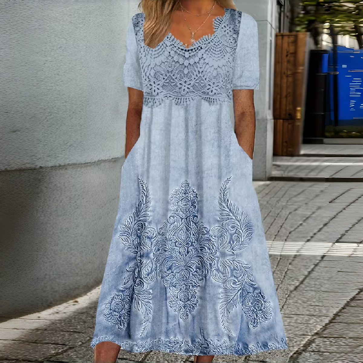 🌺【S-3XL】Rövid ujjú, csipkemintás, virágmintás, plus size midi női ruha