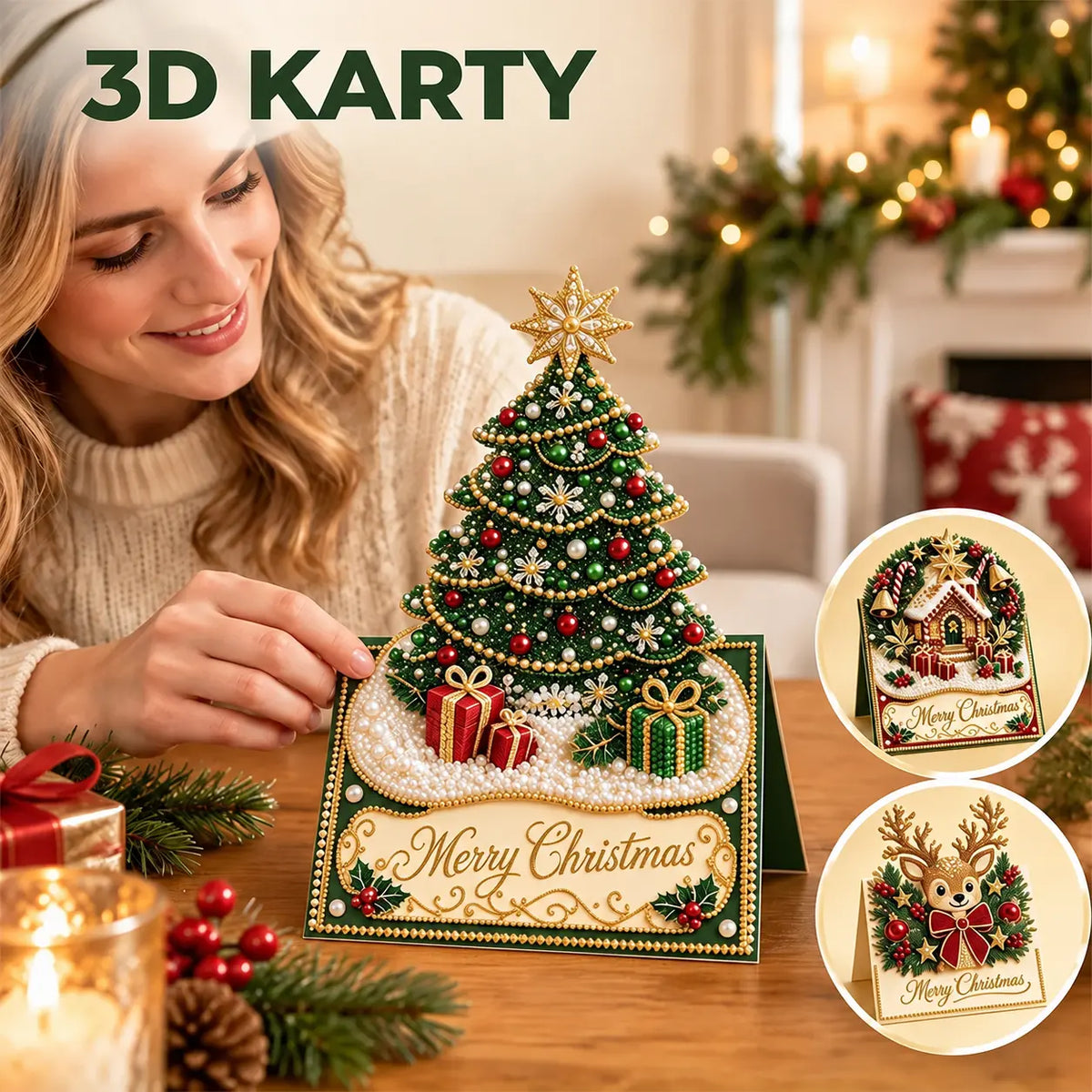 🎄💎【1 sada 6 kusů, 6 různých designů】Ručně vyráběná 3D vánoční přání s korálky – Reliéfní detaily pro darování i vystavení.