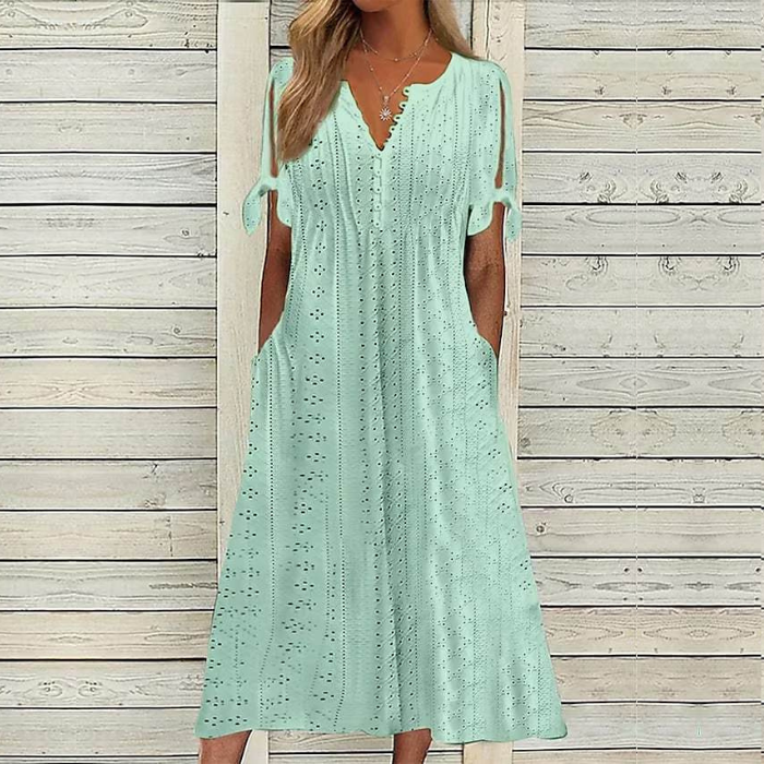 S-5XL Μοντέρνο, casual, φαρδύ, ψηλόμεσο, μονόχρωμο φόρεμα με κέντημα