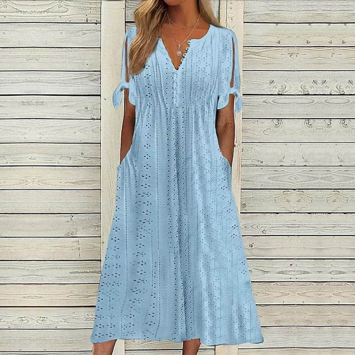 S-5XL Μοντέρνο, casual, φαρδύ, ψηλόμεσο, μονόχρωμο φόρεμα με κέντημα