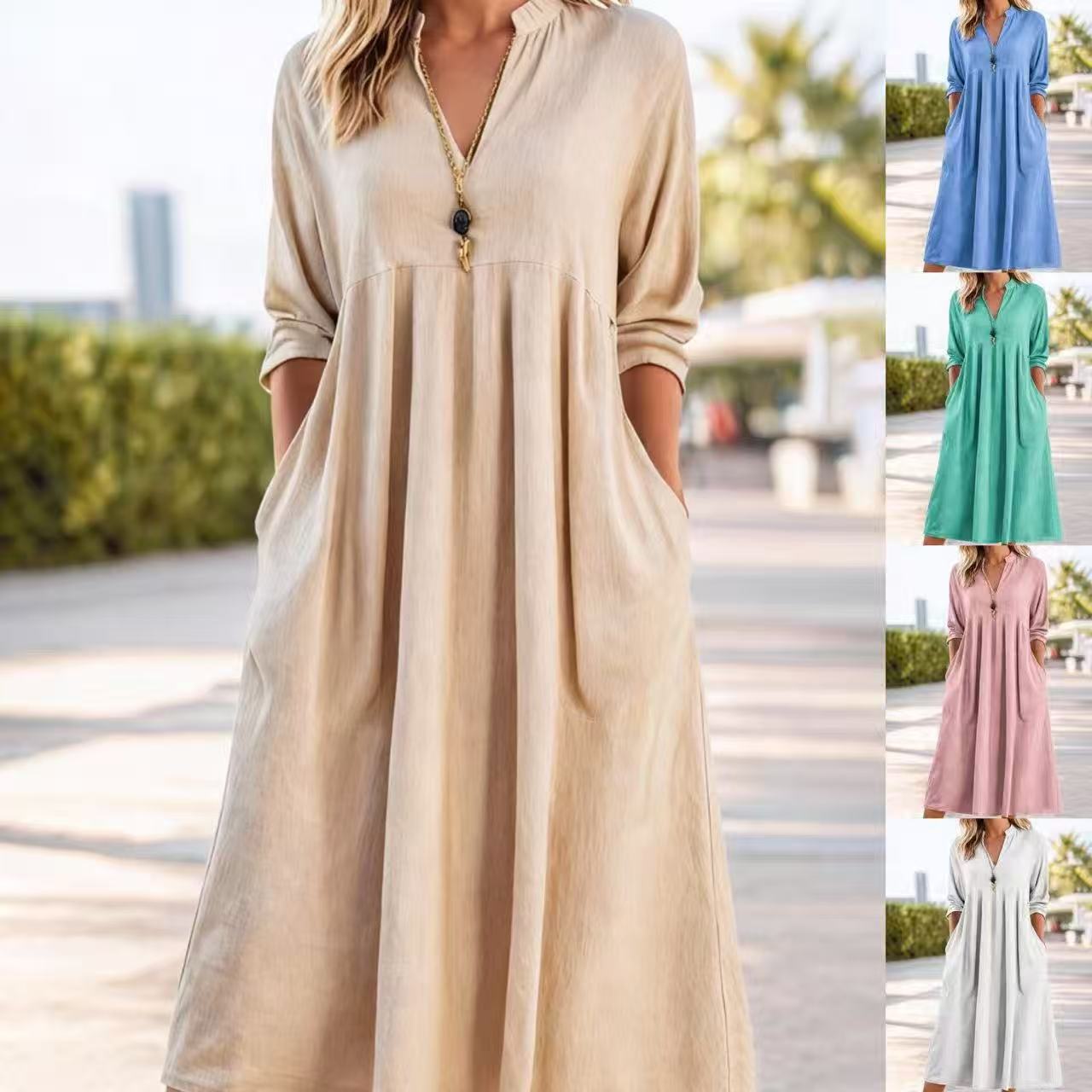 💃【50% de descuento】Nuevo vestido retro de algodón y lino de moda con escote en V