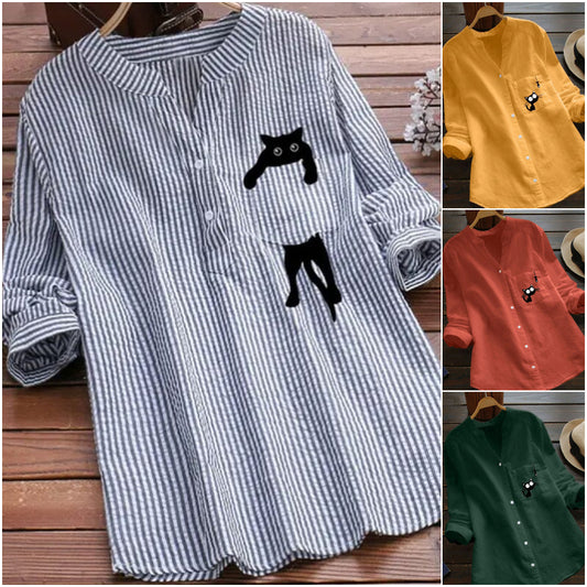 【S-3XL】Nový dámsky top s dlhým rukávom s potlačou z bavlny a ľanu