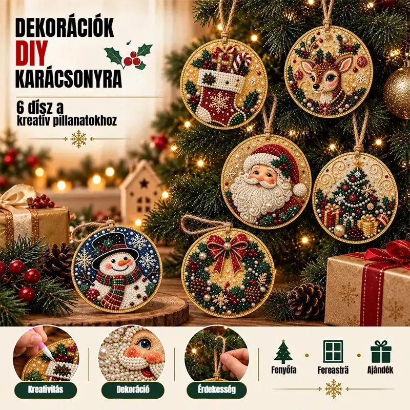 🎄 6 részes DIY gyémántkirakós karácsonyi díszkészlet – Kreatív családi projekt, amely tökéletes a karácsonyfára, ablakba vagy ajándéknak!