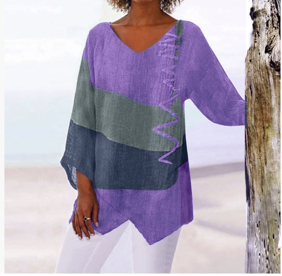 ⏳ Utolsó nap – 50% kedvezmény 😍【S~5XL】Női elegáns hétköznapi felső: V-nyakú, hosszú ujjú, művészi mintás nyomat