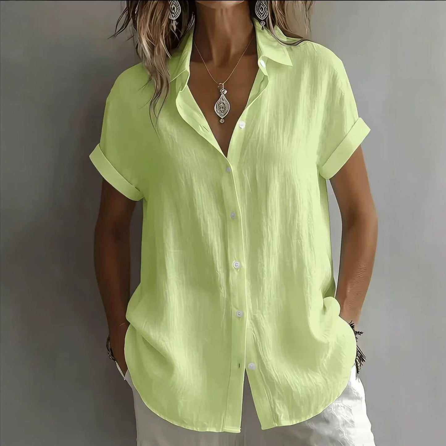 💃 S–2XL, Női egyszínű lenvászon galléros, rövid ujjú, lezser ing