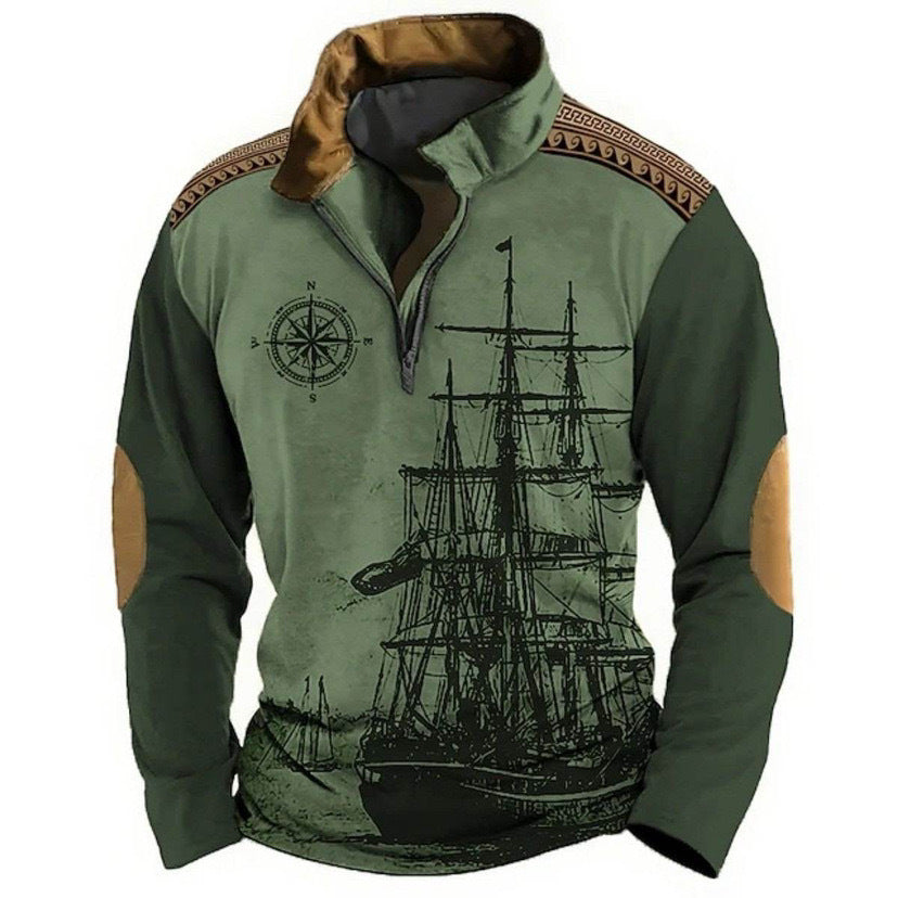 🌟【S-5XL】Nová módní pánská mikina s dlouhým rukávem a potiskem v národním stylu, poloviční zip