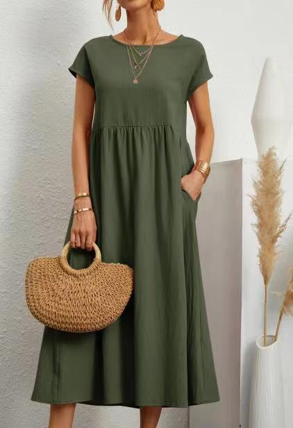 S-4XL 👗 Dámské letní jednobarevné volné bavlněné šaty s krátkým rukávem a kapsami