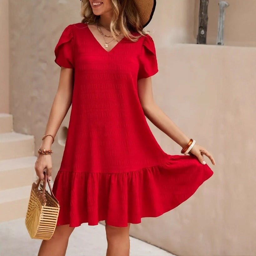 💃  S–5XL,  Női egyszínű, bő szabású ruha, plus size lezser rövid ujjú ruha,