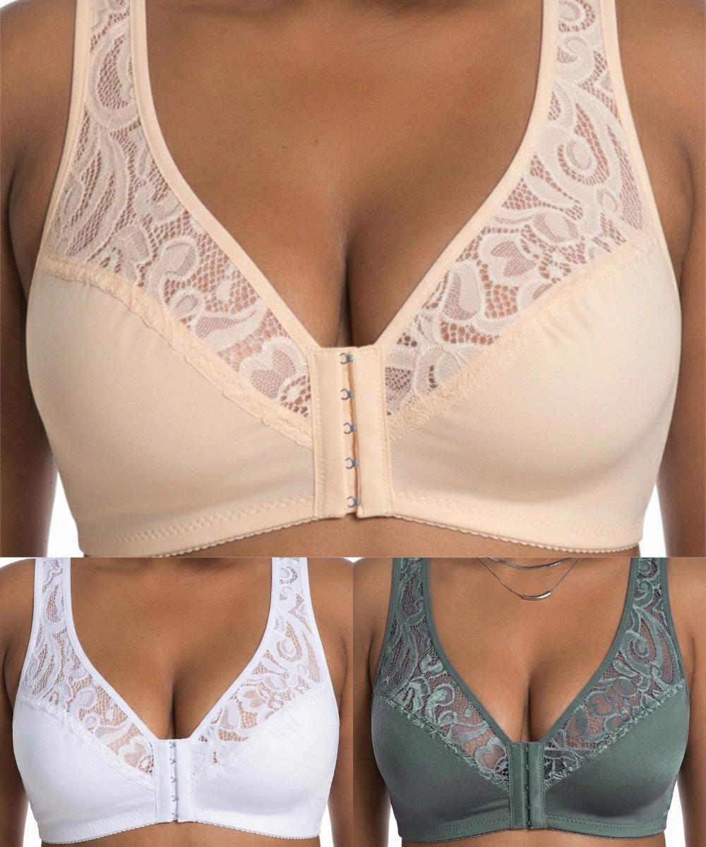 💖Segundo producto a mitad de precio【Conjunto de 3 piezas】【L-4XL】😍🩲Sujetador push-up de tallas grandes, hermoso encaje, diseño push-up y calado, cierre frontal