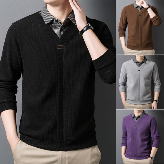 【Skvelé ponuky】Nové pánske dvojdielne tričko v zimnom štýle s imitáciou flísu a golierom v štýle patchwork, zhrubnuté a teplé, vhodné pre mužov stredného a mladšieho veku.