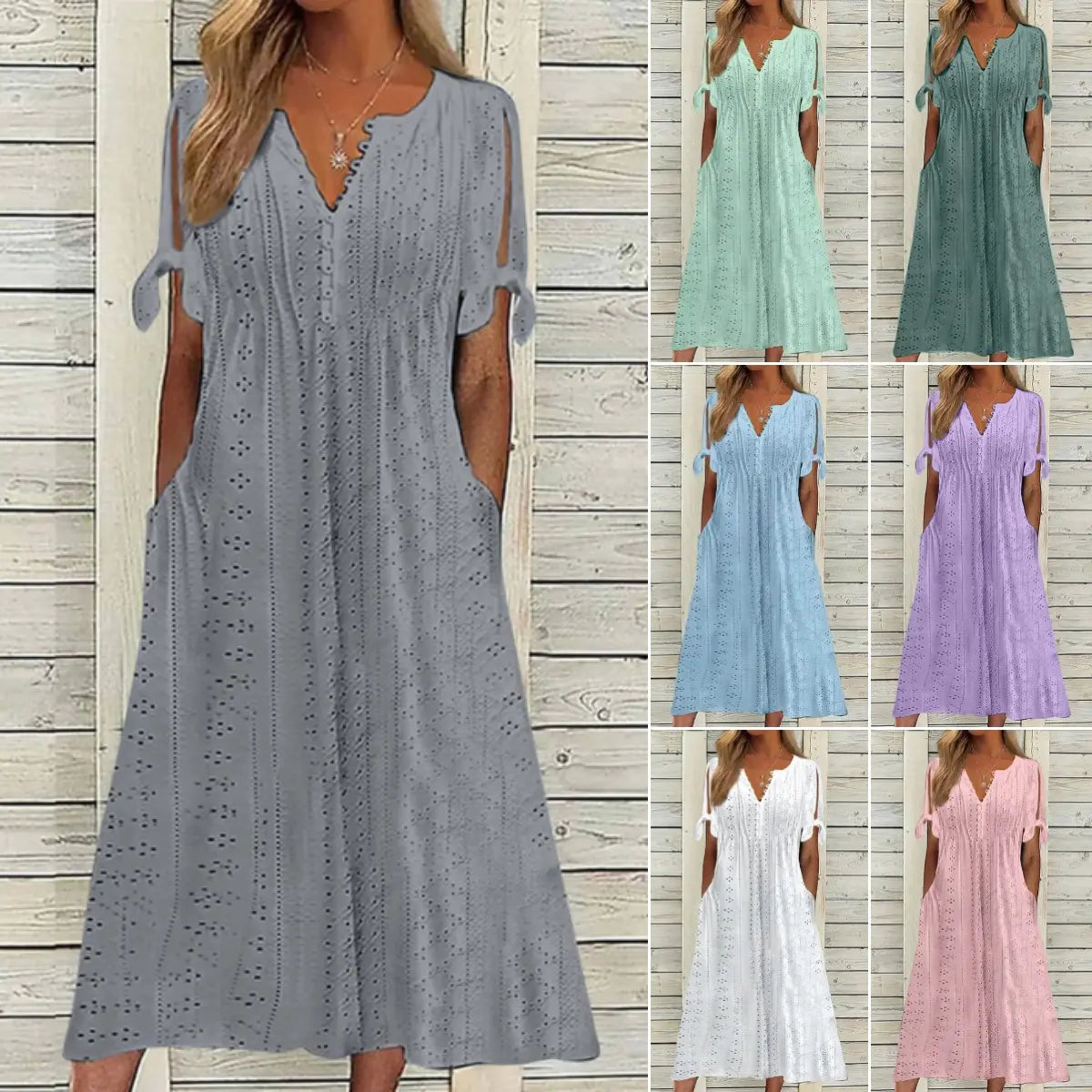 S-5XL Μοντέρνο, casual, φαρδύ, ψηλόμεσο, μονόχρωμο φόρεμα με κέντημα