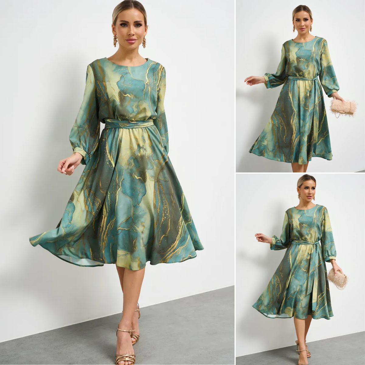 🌿Výpredaj na konci sezóny -49% 👗 Elegantné zelené šaty s dlhými rukávmi a sukňou 🌸