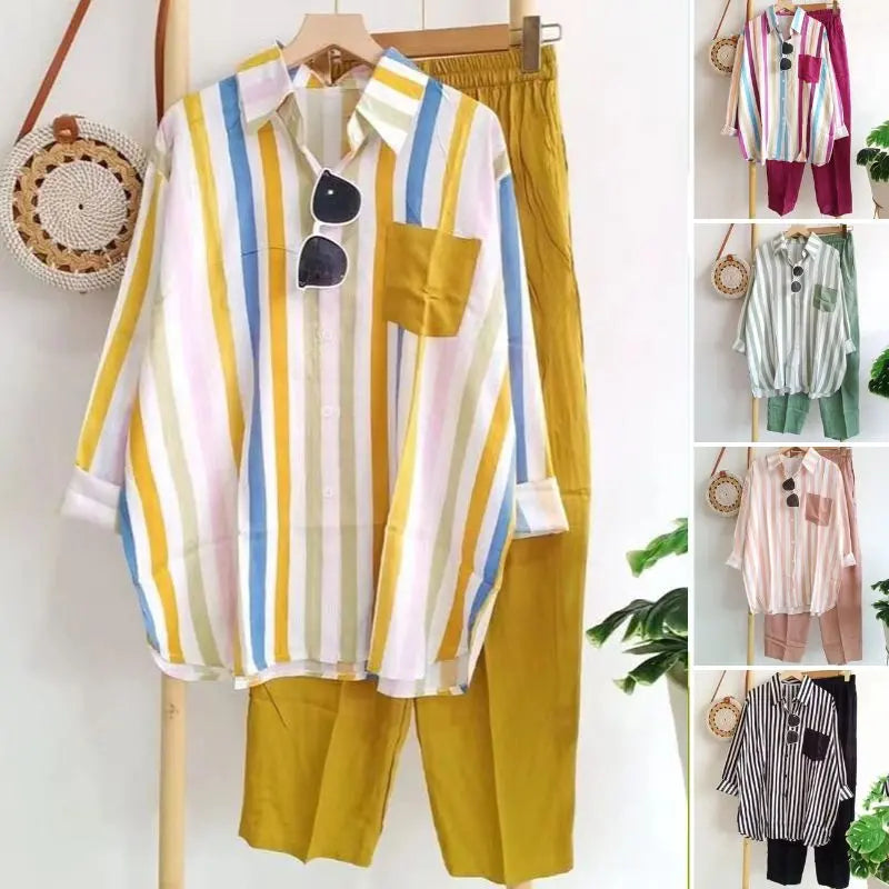 ✨【S-5XL】Nová letní módní ležérní souprava (pruhovaná košile s potiskem + kalhoty)