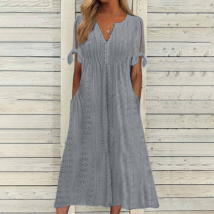 S-5XL Μοντέρνο, casual, φαρδύ, ψηλόμεσο, μονόχρωμο φόρεμα με κέντημα