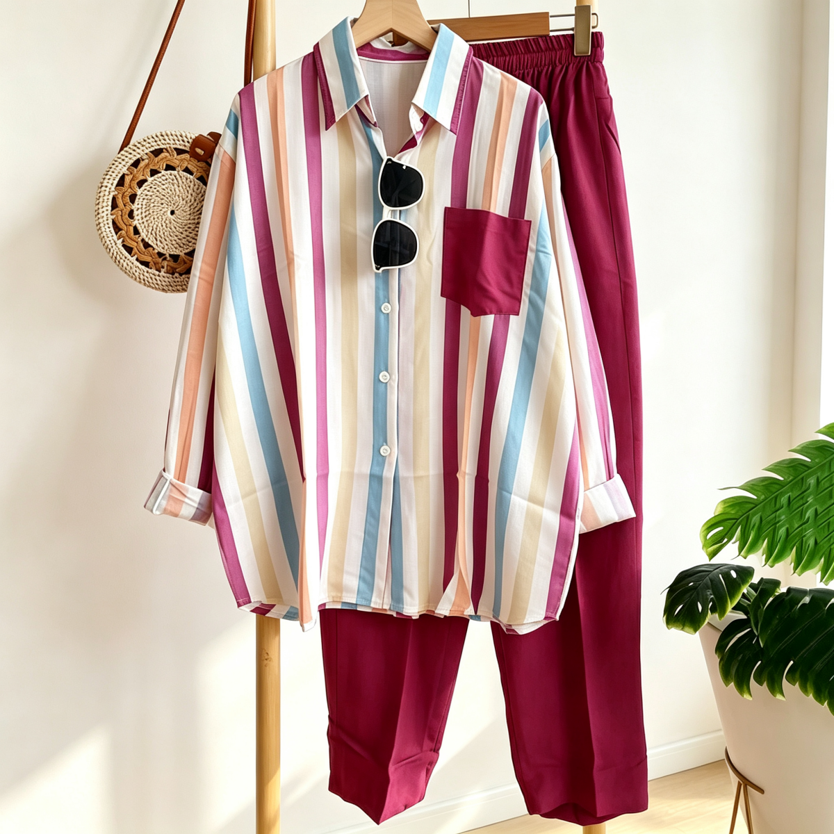 ✨【S-5XL】Nová letní módní ležérní souprava (pruhovaná košile s potiskem + kalhoty)