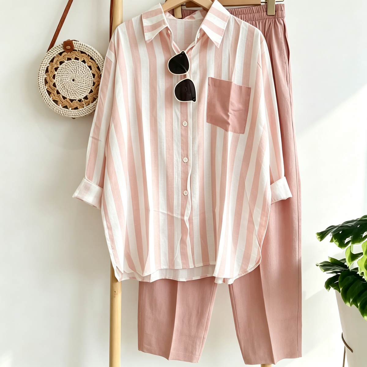 ✨【S-5XL】Nová letní módní ležérní souprava (pruhovaná košile s potiskem + kalhoty)