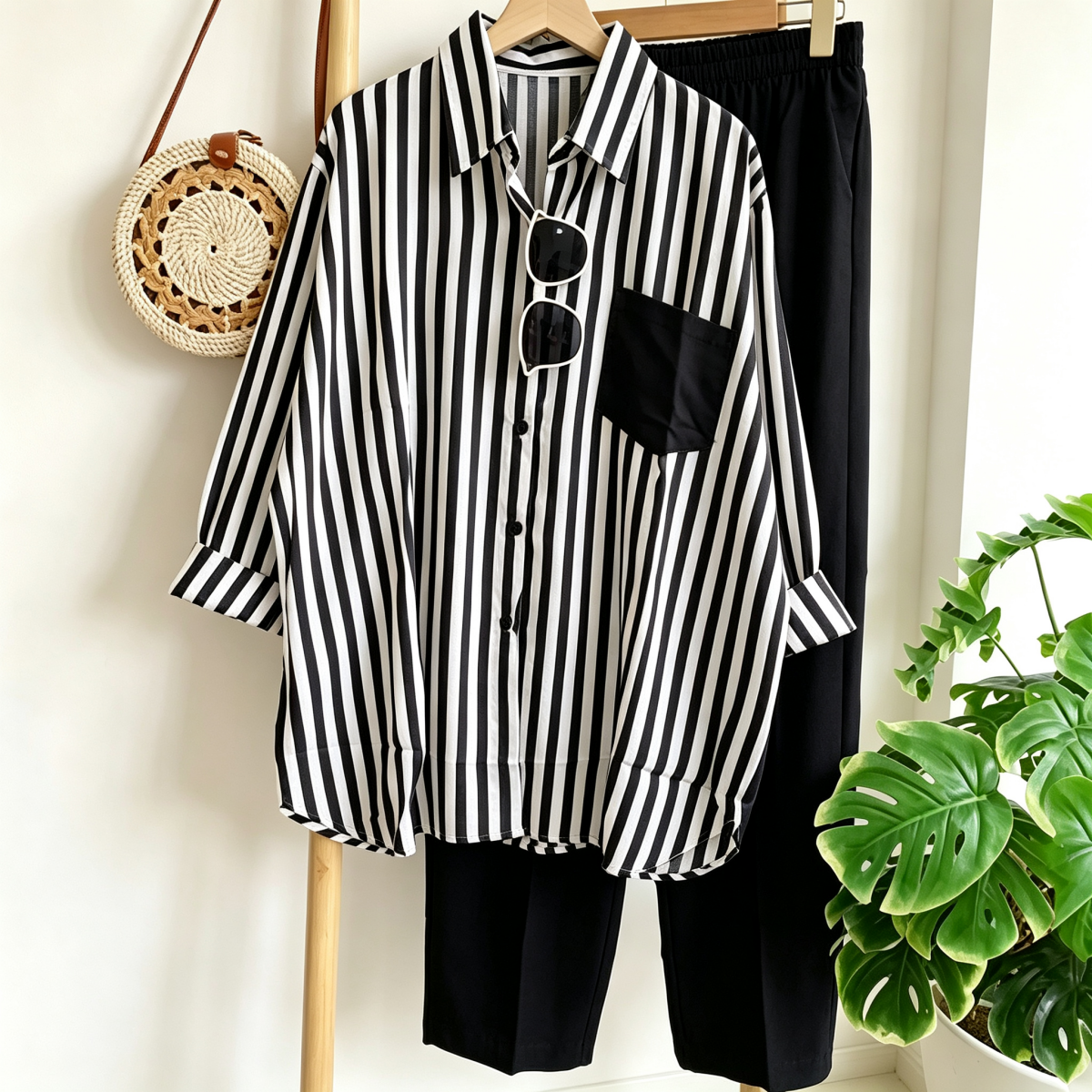 ✨【S-5XL】Nová letní módní ležérní souprava (pruhovaná košile s potiskem + kalhoty)