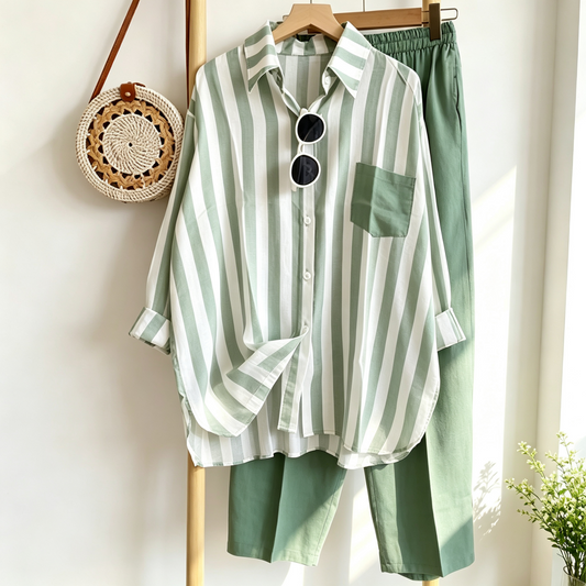 ✨【S-5XL】Nová letní módní ležérní souprava (pruhovaná košile s potiskem + kalhoty)
