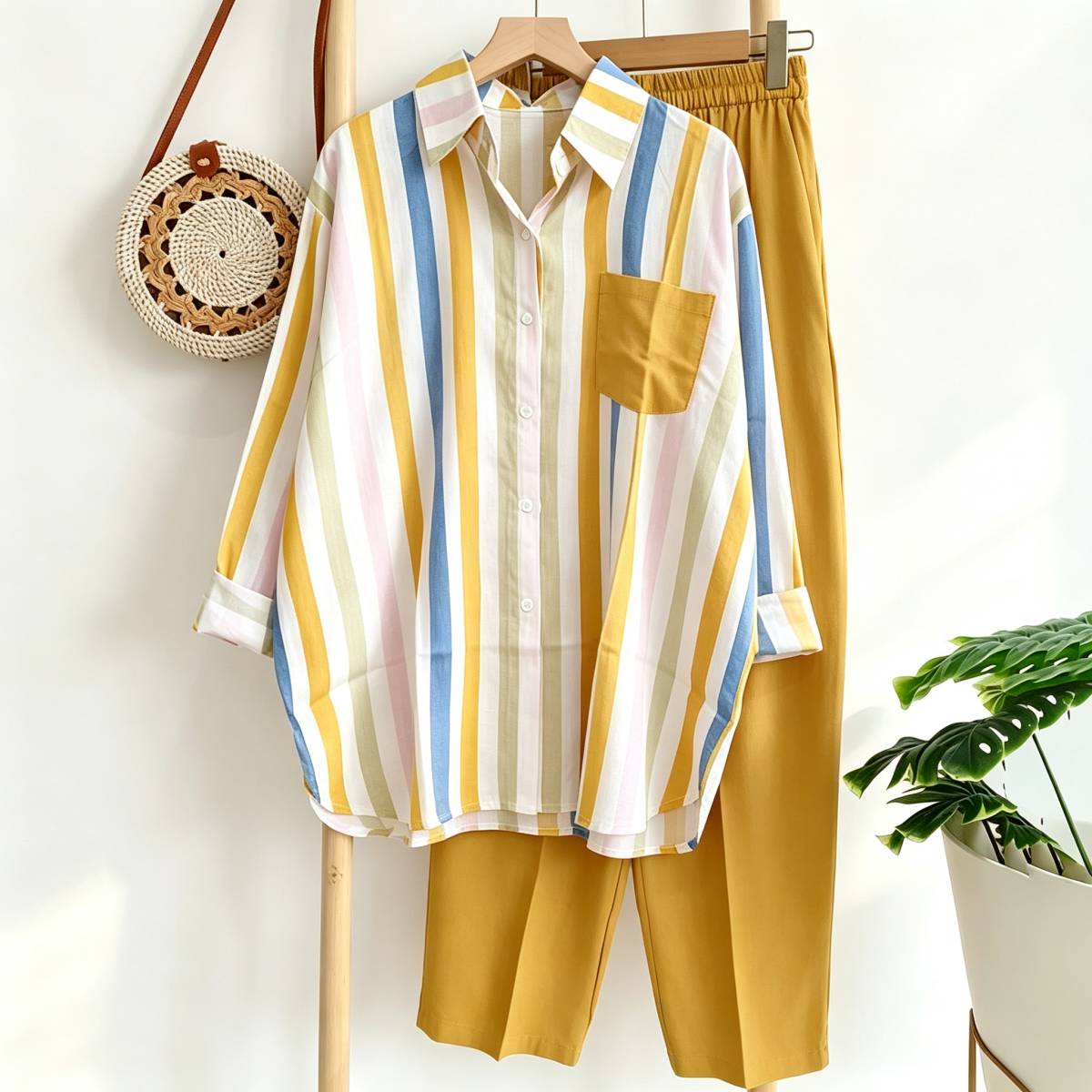 ✨【S-5XL】Nová letní módní ležérní souprava (pruhovaná košile s potiskem + kalhoty)