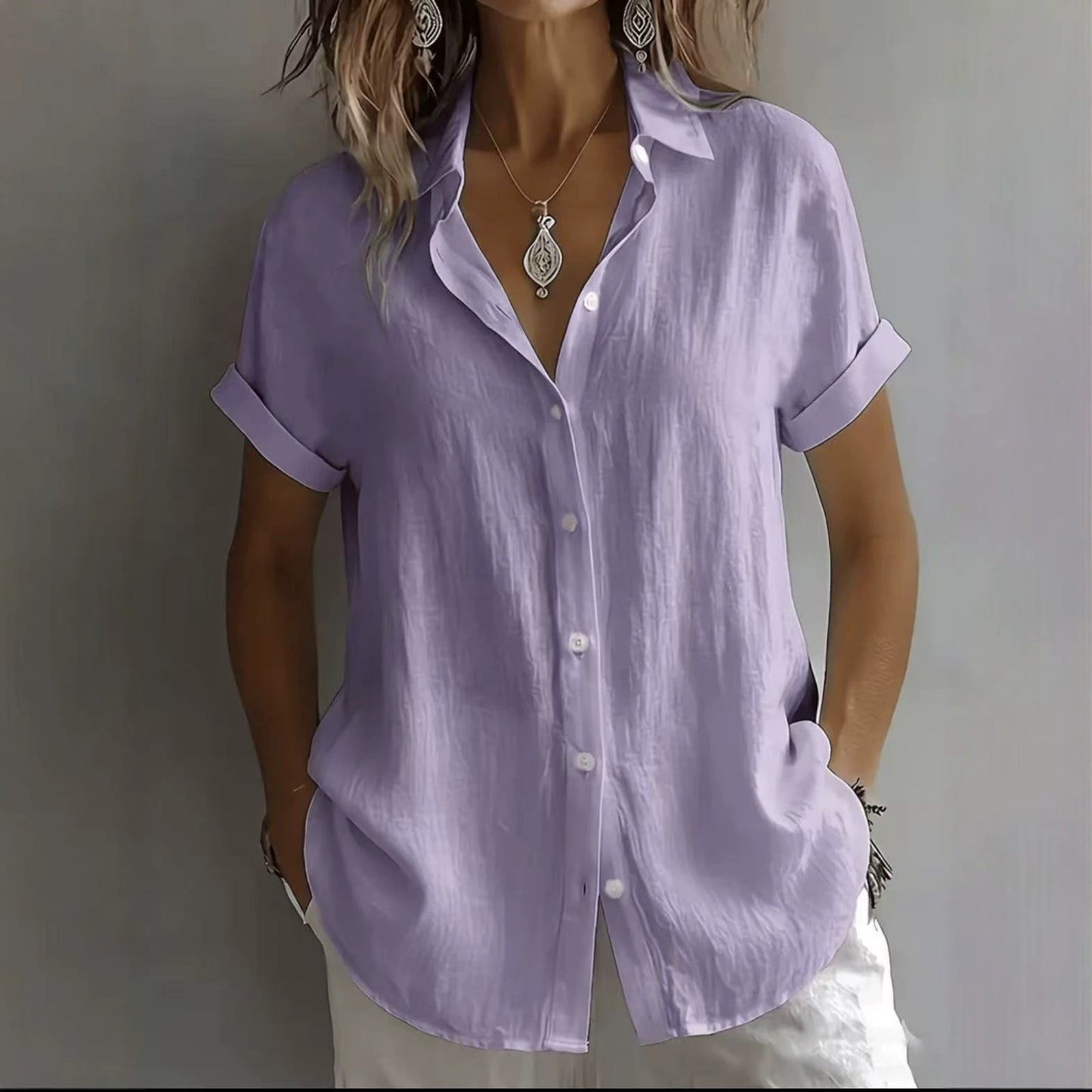 💃 S–2XL, Dámská jednobarevná lněná košile s límečkem a krátkým rukávem pro volný čas