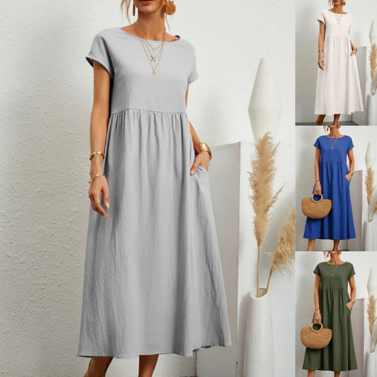 S-4XL 👗 Dámské letní jednobarevné volné bavlněné šaty s krátkým rukávem a kapsami