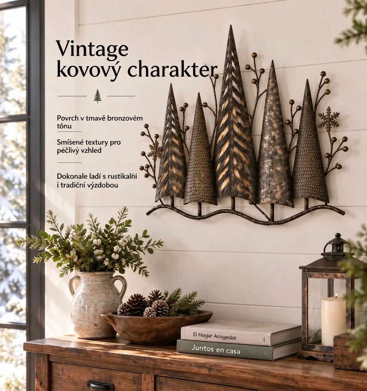 🎄🕯️ Kovová nástěnná dekorace s motivem lesa, ve vintage stylu s osvětlením 🌙