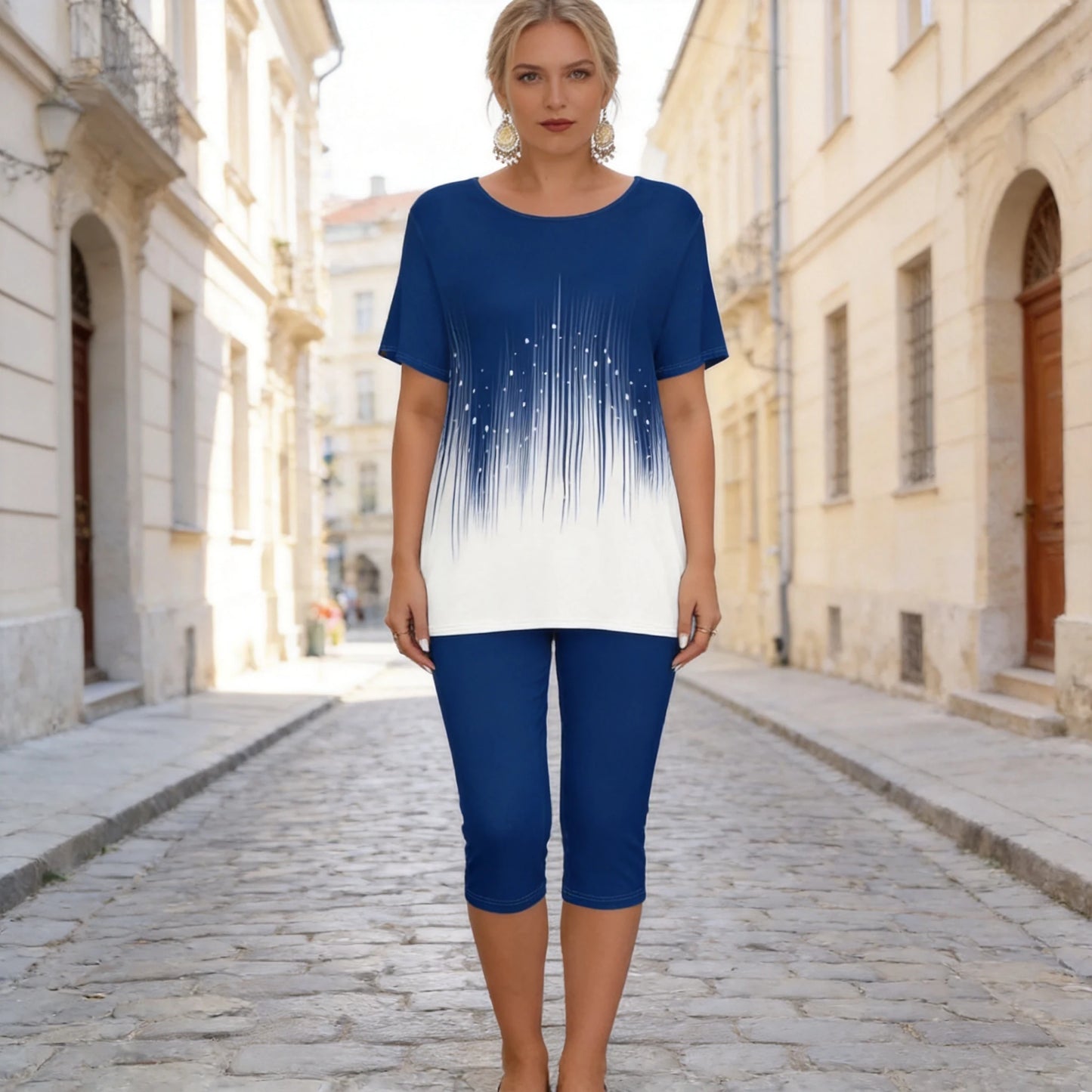 50% sleva ✨S-5XL 👕👖Módní dámská letní dvoudílná souprava: vzorované tričko s krátkým rukávem a dlouhé (7/8) kalhoty