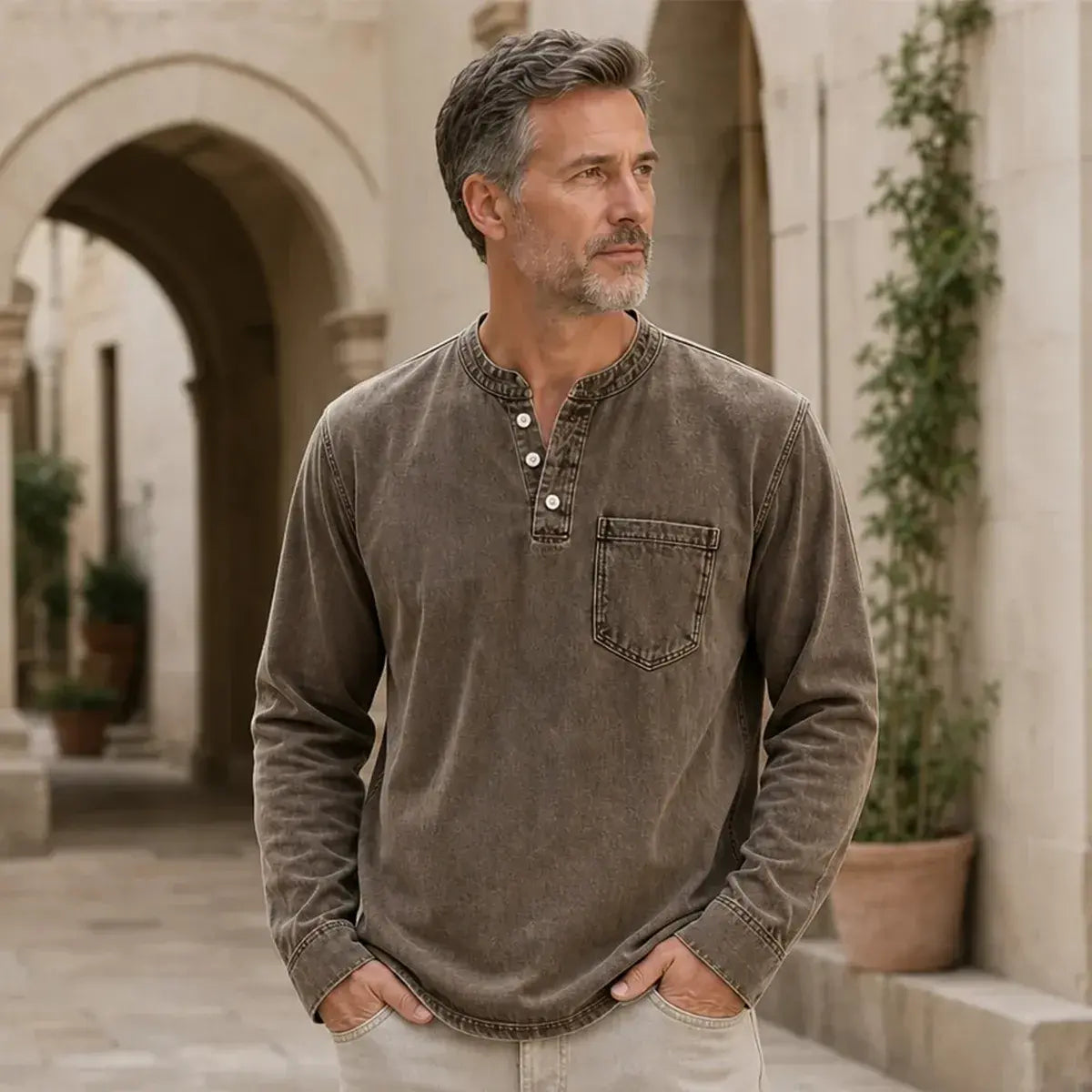 S-5XL 👔 Pánské tričko Henley s dlouhým rukávem a náprsní kapsou | Klasický ležérní styl ✨