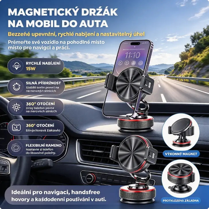 📱 Sleva 50 %! Držák telefonu do auta s přísavkou a magnetickou silou 20 N, teleskopickým ramenem a otočením o 360°. Stabilní a skládací! ✨🚗
