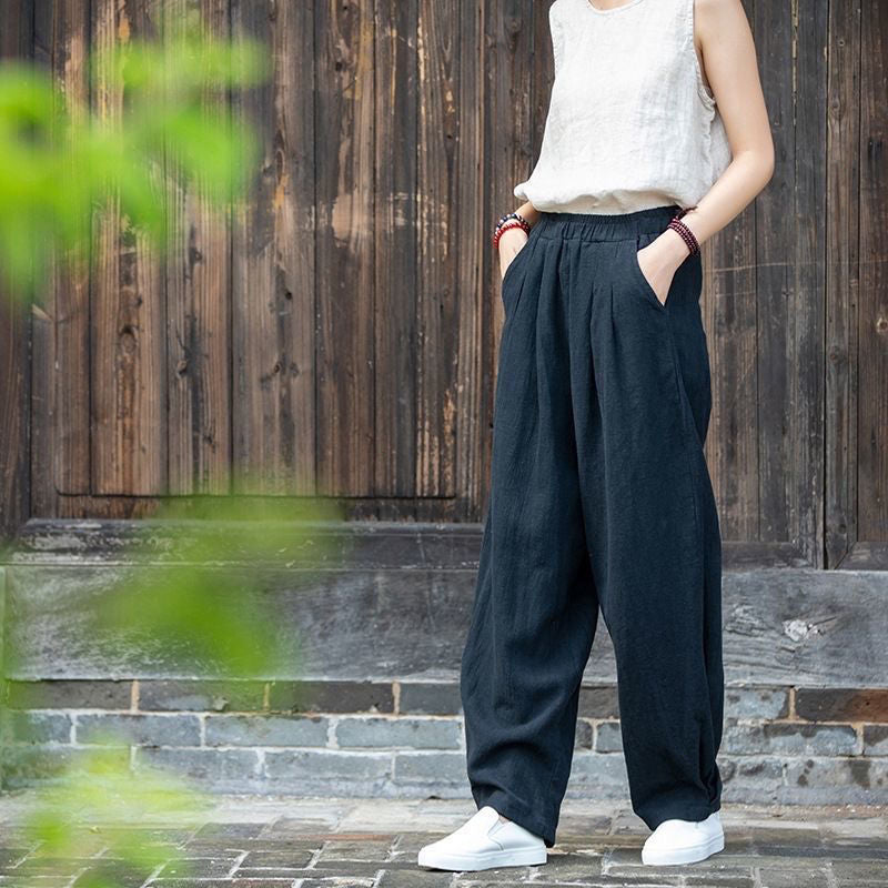 🔥【M-4XL】2026 Nové dámské kalhoty s širokými nohavicemi volného střihu po kotníky z bavlny a lnu💨