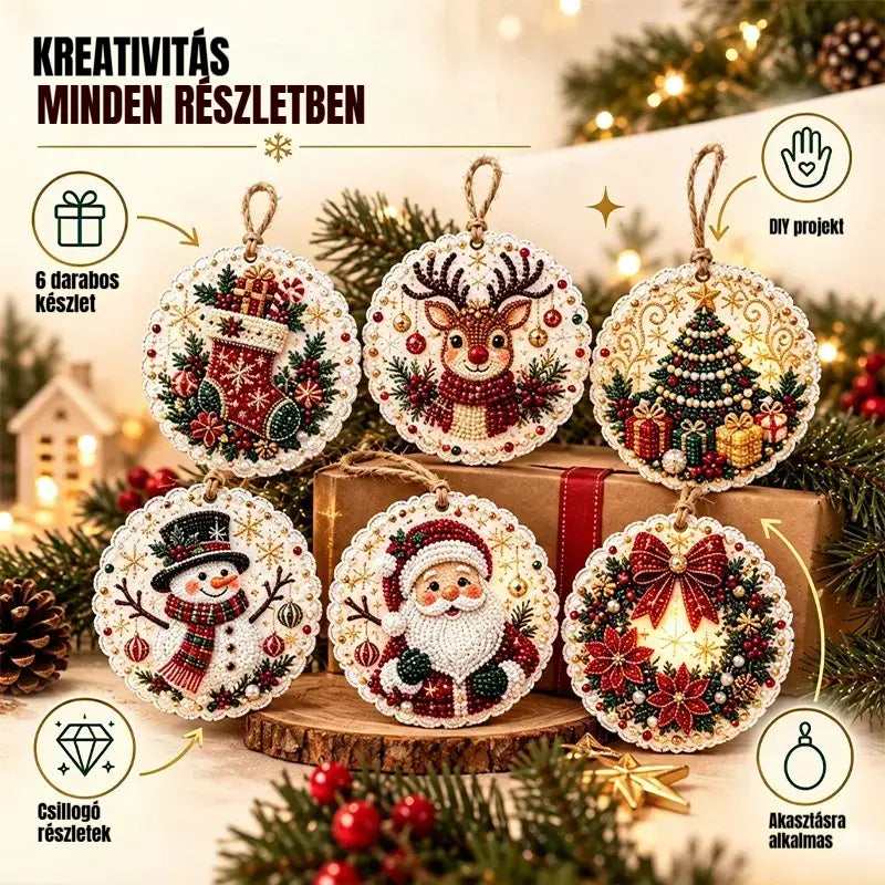 🎄 6 részes DIY gyémántkirakós karácsonyi díszkészlet – Kreatív családi projekt, amely tökéletes a karácsonyfára, ablakba vagy ajándéknak!