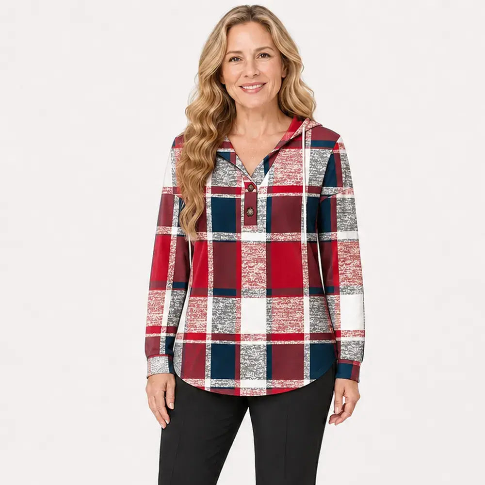 S-3XL🧥Dámská mikina s kostkovaným výstřihem do V - zapínání na knoflíky, dlouhý rukáv - volná kostkovaná mikina na podzim a zimu