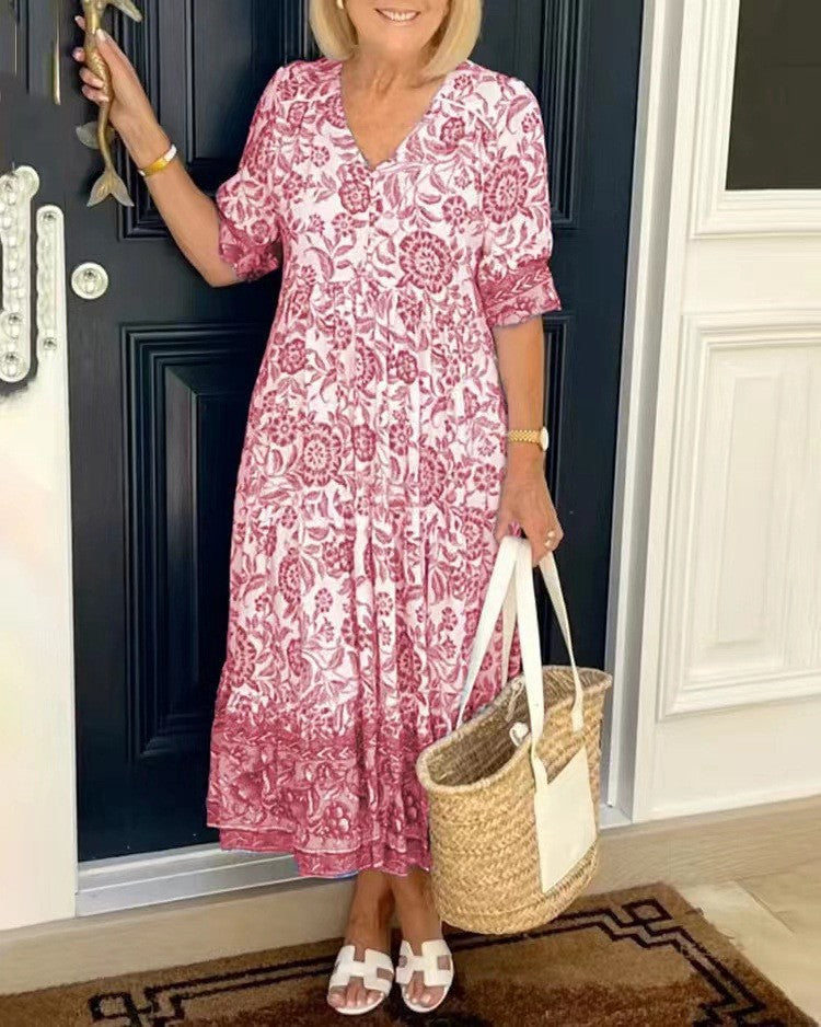 ✨ Poslední den – sleva 50 %! ✨【S-5XL】Letní šaty s výstřihem do V a potiskem, pohodlné a prodyšné, s lichotivým střihem.